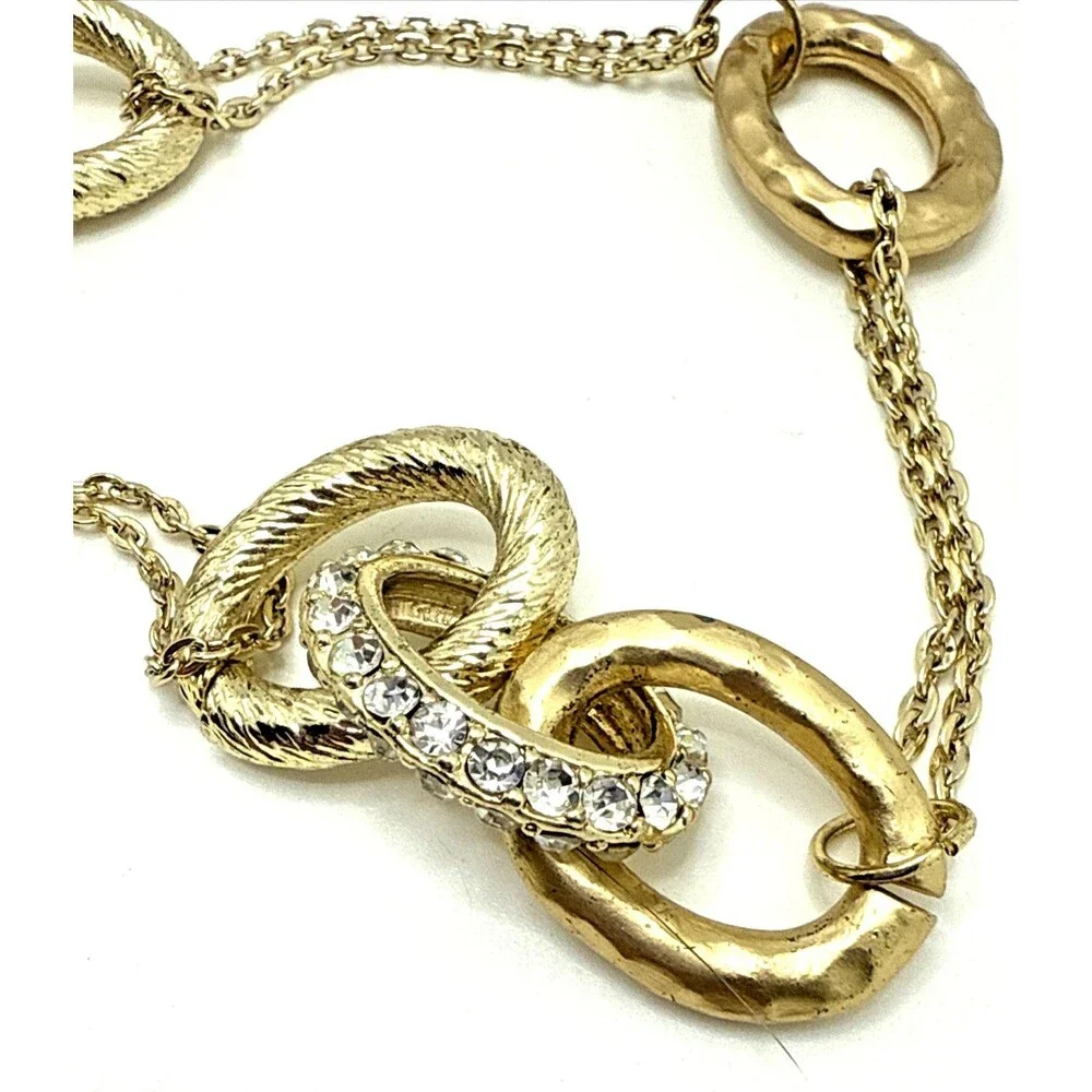 New Alfani Rhinestone Gold Tone Station Necklace Oval Textured Links 42” NWT